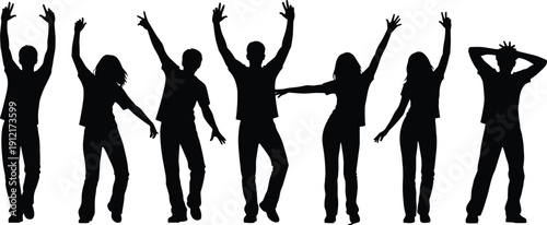 Group of people dancing with raised arms, happy crowd silhouettes celebrating freedom, energy and fun, black and white vector illustration