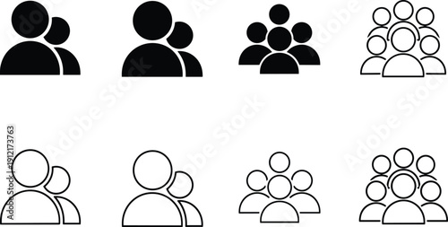 Group user icons set, team and community silhouettes, people profile symbols for web interface, social network and UI design
