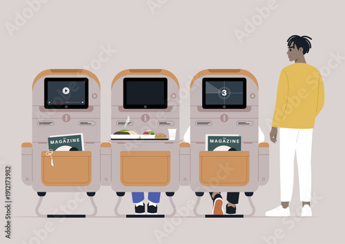 Three airplane seats showcase passengers engaged with in-flight services, featuring entertainment screens, meals, and a nearby attendant ready to assist for a comfortable journey.