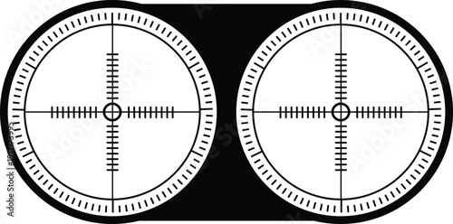 Black and white vector illustration of a binocular view with a precise mil-dot reticle, symbolizing military targeting, strategic focus, accuracy, and detailed surveillance operations.