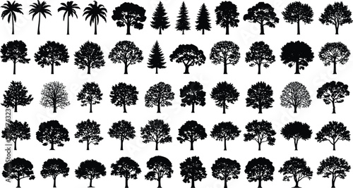 Large collection of tree silhouettes including palm, pine, and deciduous trees isolated on white background for vector design, illustration, and landscaping use