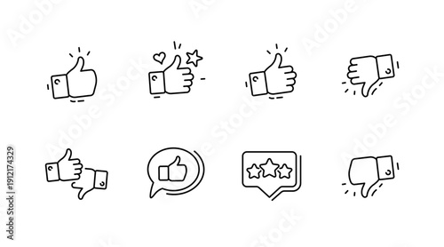 Hand-drawn thumbs up and thumbs down icons with speech and star bubbles