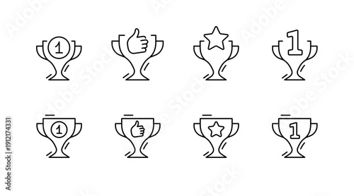 Minimalist trophy icon set with hand, star, and number one symbols
