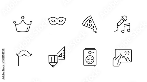 Set of minimalist line icons: crown, mask, pizza, microphone, mustache, pencil, speaker, picture