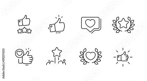 Minimalist icons: thumbs up, stars, hearts, and awards in outline style