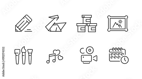Creative line art: pencil, origami, architecture, art, music, film, calendar icons