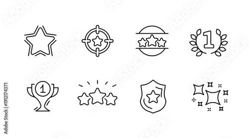 Collection of eight star-themed line icons representing achievement and success