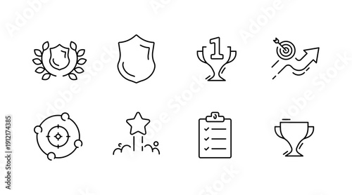 Icon set for achievement and success with trophies and shields