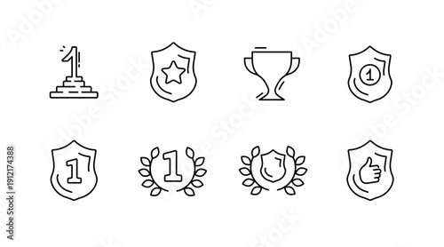 Minimalist black line icons: awards and shields collection