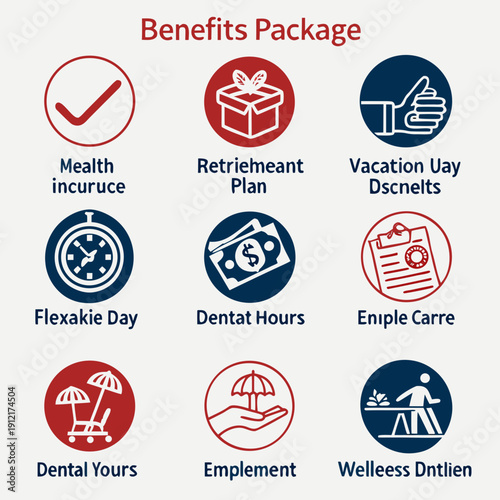 Employee benefits package infographic with various icons Vector