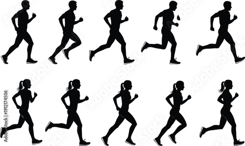 Male and female runners in motion, running sequence silhouettes showing jogging and sprinting poses, fitness training concept, black and white vector illustration