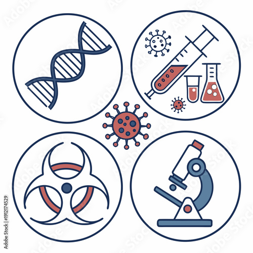 Medical and scientific icons representing virus research and protection Vector
