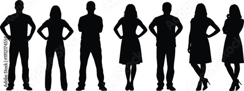 Men and women silhouettes standing together, confident body poses, anonymous people figures, teamwork and diversity concept illustration