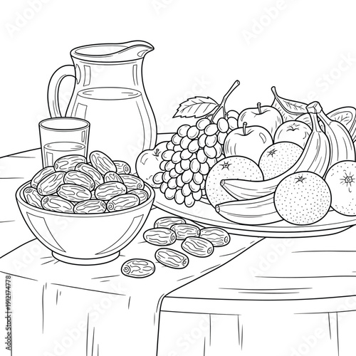 Still life drawing of healthy ramadan iftar meal with dates, fresh fruits, and juice on a white tablecloth, black and white sketch