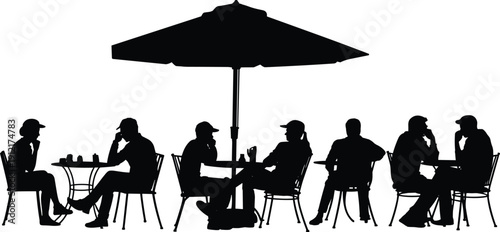 Outdoor cafe silhouettes with people sitting and talking, restaurant terrace scene, social gathering and lifestyle concept illustration