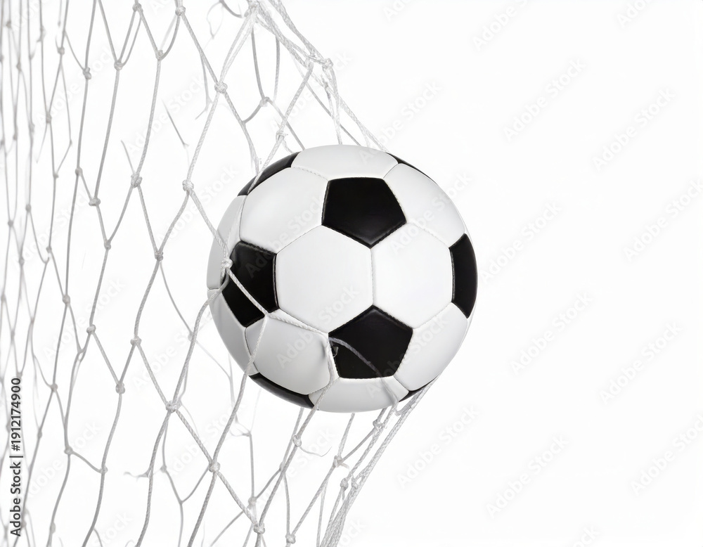 Fototapeta premium Soccer Ball in Goal Net on White Background, Football Scoring Game Illustration