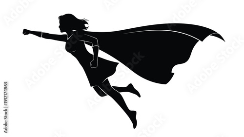 A dynamic superheroine in flight a striking black silhouette