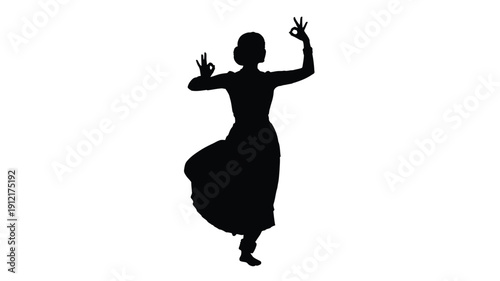 A classical indian dancer in a dynamic pose black silhouette