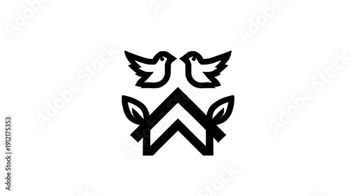 Minimalist vector graphic with two stylized birds, a home roof outline, and leaves, symbolizing peace, nature, shelter, and family.