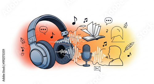 Audio podcast equipment with headphones microphone and music notes on orange background for voice recording and editing