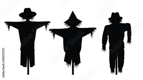 Three halloween scarecrows standing in a row black silhouette