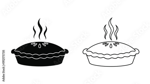 Two steaming pies depicted in contrasting black and white silhouette