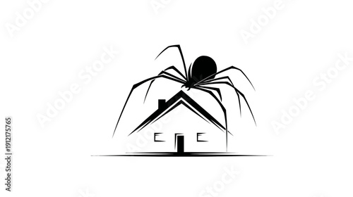 Stylized black spider on a house icon, symbolizing home pest control, arachnophobia, house protection, residential infestation, or danger.