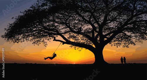 Silhouette of children swinging from tree at sunset with couple watching, peaceful nature landscape, family love, childhood freedom, romantic evening scene