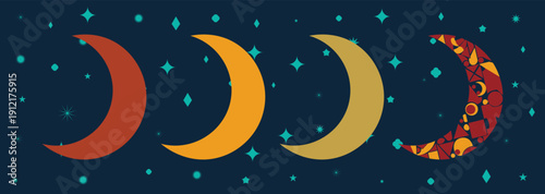 Colorful Crescent Moon Collection on Starry Night Background . vector illustration 