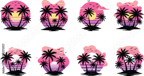 Tropical sunset palm tree silhouettes collection, vibrant retro vaporwave summer beach illustrations, pink purple sky, island paradise vector set