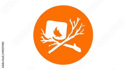 Minimalist graphic icon of a marshmallow roasting over a campfire on sticks in an orange circle. Simple food illustration.