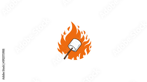 Roasted marshmallow on a stick over a campfire illustration, sweet treat for camping, s'mores, and outdoor adventures icon