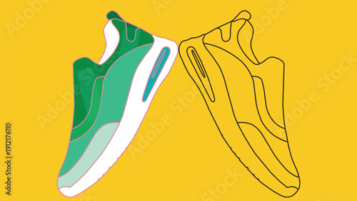 Shoes for men . outline and flat sneakers in abstract background . vector illustration 