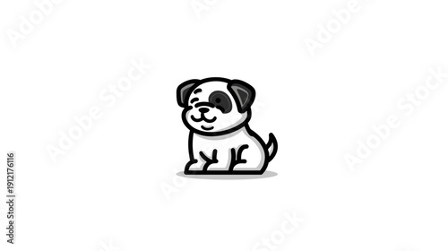Cute Cartoon Puppy Illustration with Black and White Fur, Sitting Happily on a Clean Background. Adorable Pet Character Design