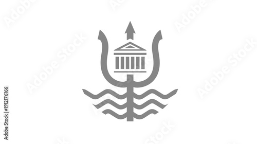 Grayscale symbol featuring a classical building with columns on a stylized trident shape above wavy water lines, abstract graphic element.