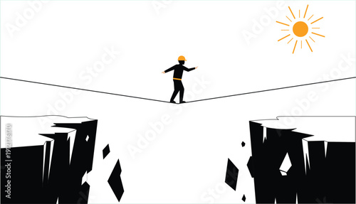 Business Risk Metaphor with Builder Crossing Dangerous Gap. vector illustration 