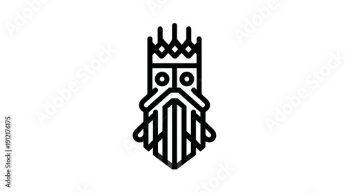 Modern minimalist line art icon of a wise king or wizard's head with a crown and long beard, a royal fantasy character graphic.
