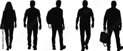 Walking people silhouettes, anonymous men and woman figures, casual travelers and commuters illustration isolated on white background for lifestyle concepts