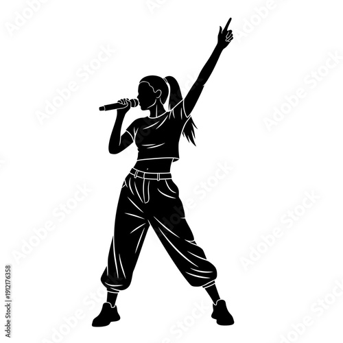 Female Pop Singer in Energetic Pose Holding Microphone – Silhouette Stage Performance Vector

