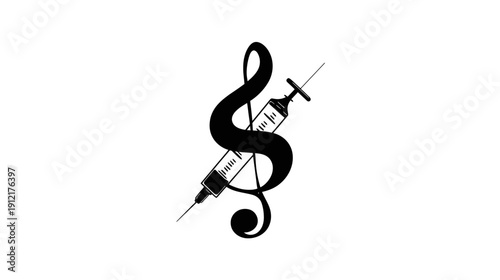 Abstract Treble Clef and Syringe Icon: Music, Medicine, Therapy, and Addiction Symbolism in Black and White