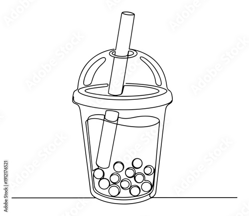 Bubble tea cup with straw and boba pearls in continuous line art