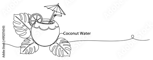 Coconut water tropical drink with straw and monstera leaves continuous line art