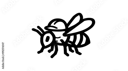 Black and white cartoon bee wearing a hard hat, line art illustration of a worker insect for labor, safety, and industry concepts