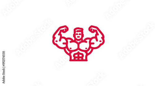 Strong, muscular man flexing biceps in a red line art icon on a white background, representing fitness, bodybuilding, power, and health.