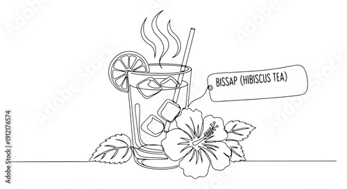 Continuous line illustration of a glass of refreshing cold hibiscus tea bissap with ice and flower