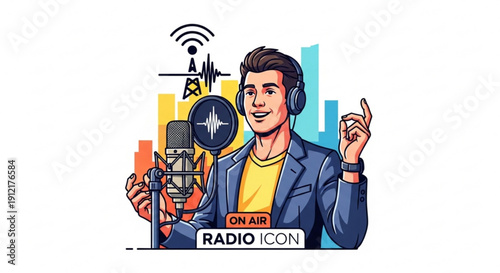 Radio host broadcasting live on air with microphone and headphones urban background