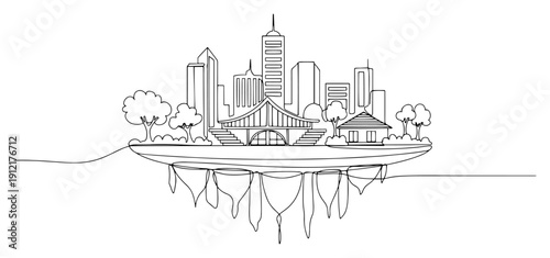 Creative continuous line art of a floating city island with skyscrapers and roots