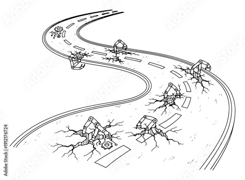 Line art illustration of a winding road being repaired by futuristic robotic arms