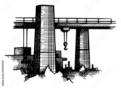 Detailed architectural sketch of an industrial bridge structure and crane in engraving style