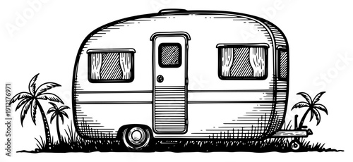 Vintage camper trailer parked under palm trees on a tropical beach sketch
